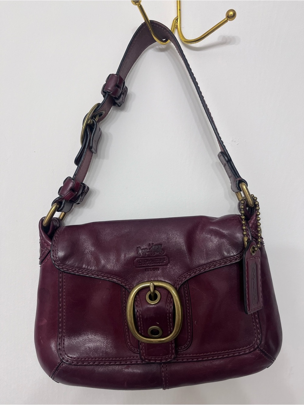 2000s Coach Burgundy Leather Shoulder Bag with Brass Buckle